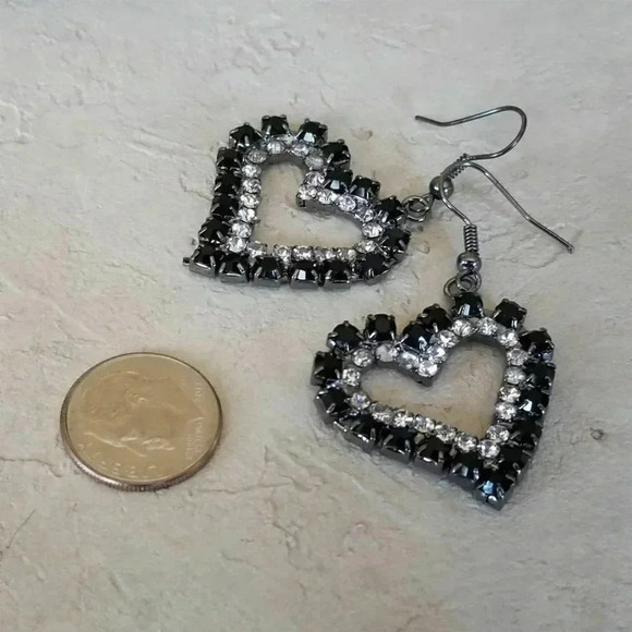 Austrian Crystal Open Heart Gunmetal Grey Black and Clear Dangle Earrings - Picture 6 of 6